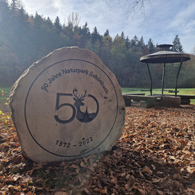 Der kleinere Mühlstein-Rohling des Kleindenkmals „50 Jahre Naturpark Schönbuch“ am Walddorfer Brückle im Naturschutzgebiet Schaichtal (Foto: Matthias Glück, Naturpark Schönbuch).