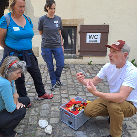Demonstration verschiedner Trittsiegel im Hof des Schlosses und Klosters Bebenhausen (Foto: Juliane Goerke, Naturpark Schönbuch).