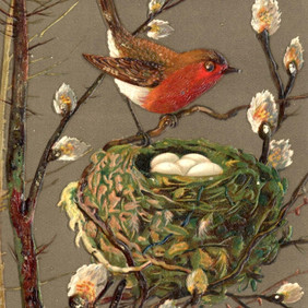 Gemälde eines Rotkehlchens am Nest
