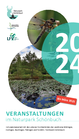 Die Titelseite des Veranstaltungskalenders 2024 zeigt einen Weiher mit Seerosen und eine Vierflecklibelle
